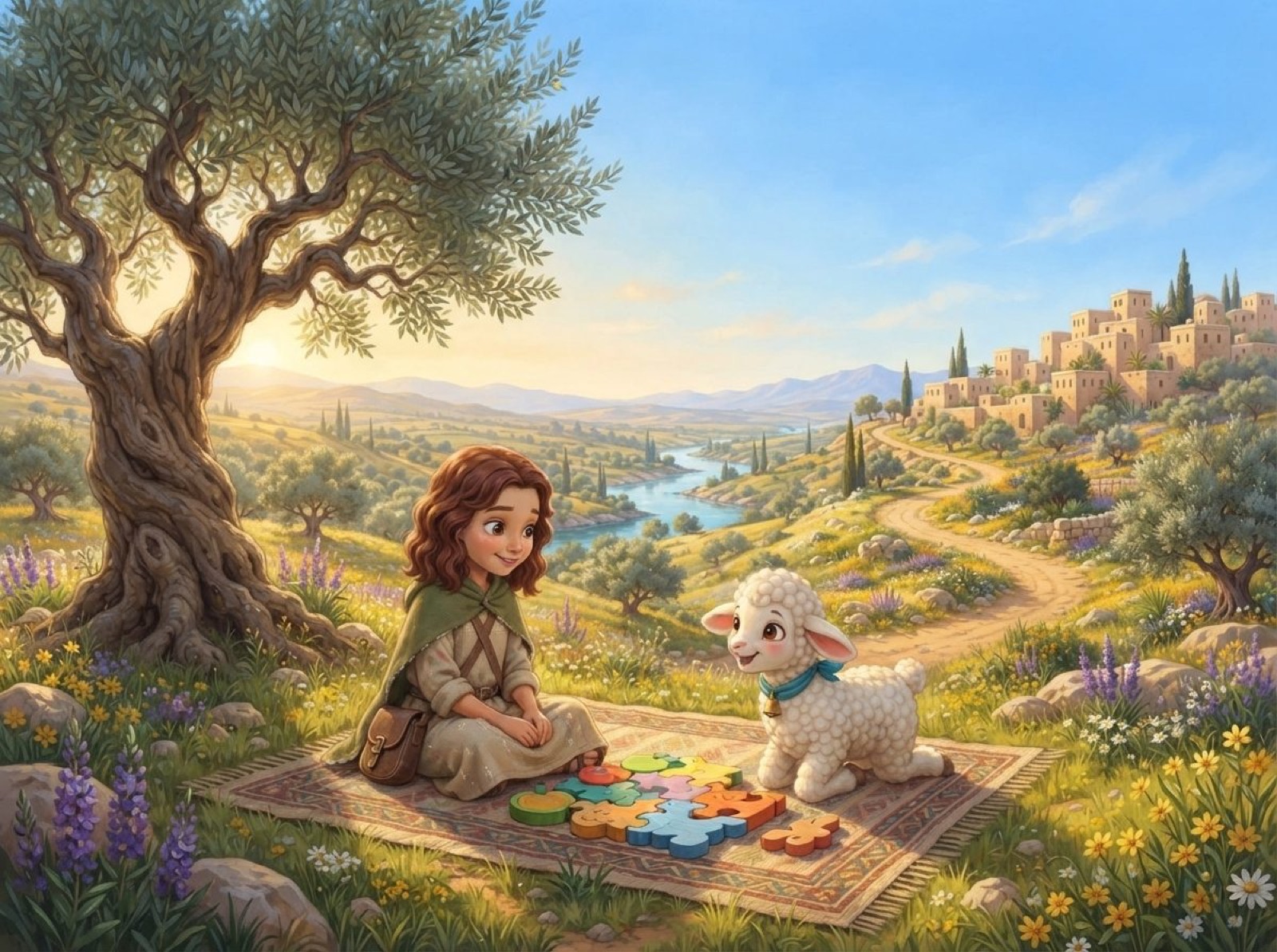 An explorer and Pip the Lamb doing a puzzle under an olive tree